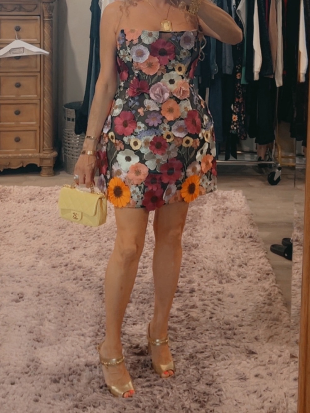 Bronx and Banco Strapless Floral Mini Dress - Black with Multicolor Flowers